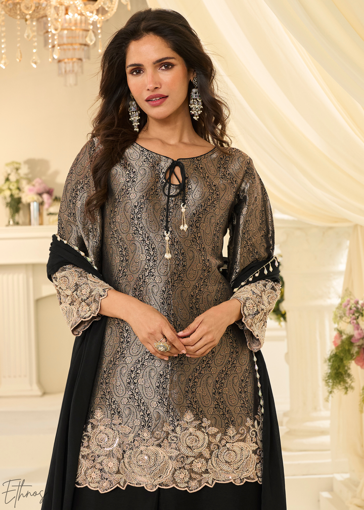 Black Floral Embroidered Jacquard Silk Suit
