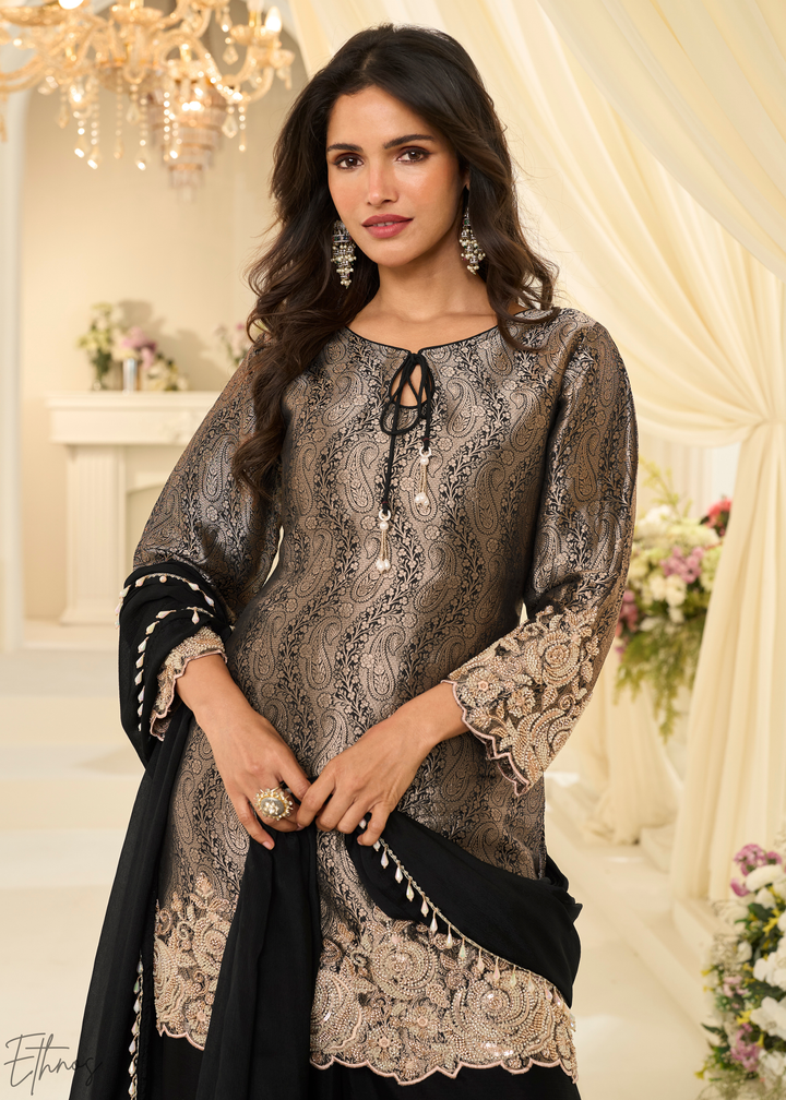 Black Floral Embroidered Jacquard Silk Suit