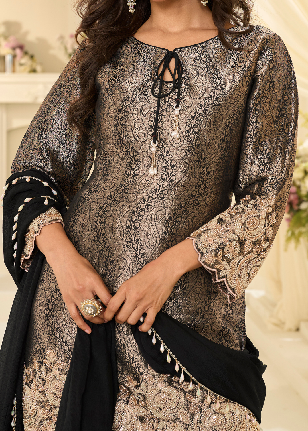 Black Floral Embroidered Jacquard Silk Suit