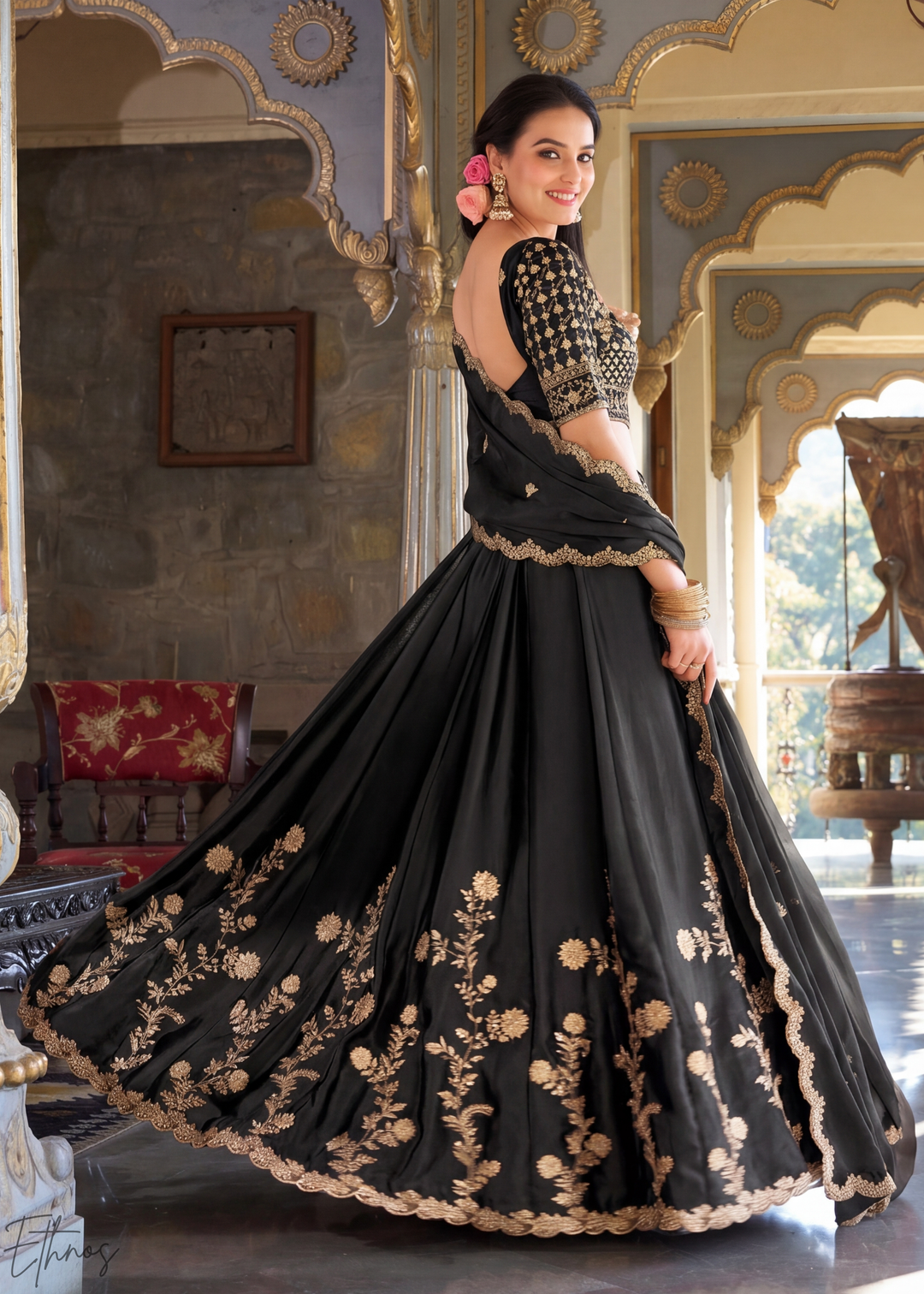 Black Floret Zari Rangoli Silk Lehenga