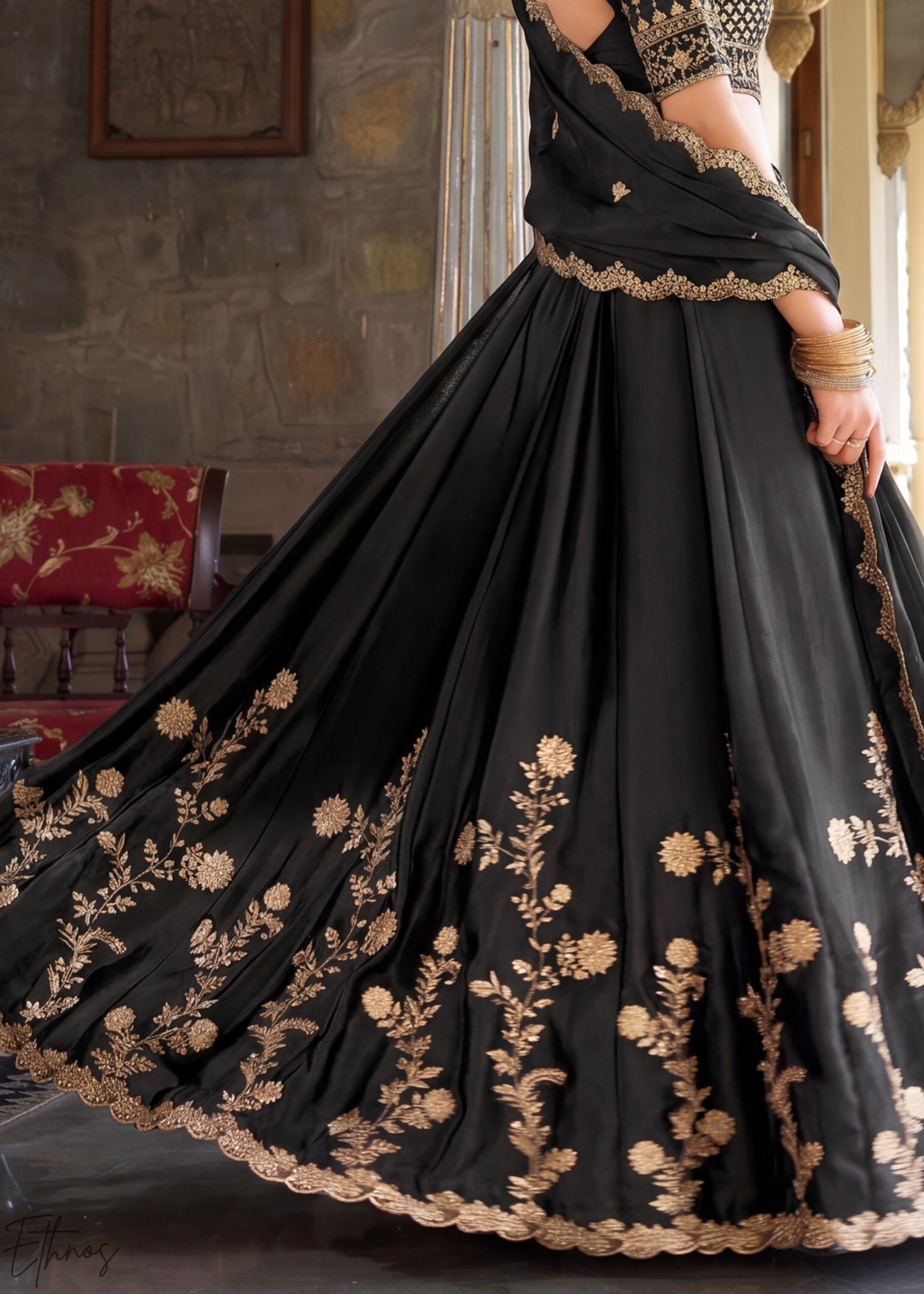 Black Floret Zari Rangoli Silk Lehenga