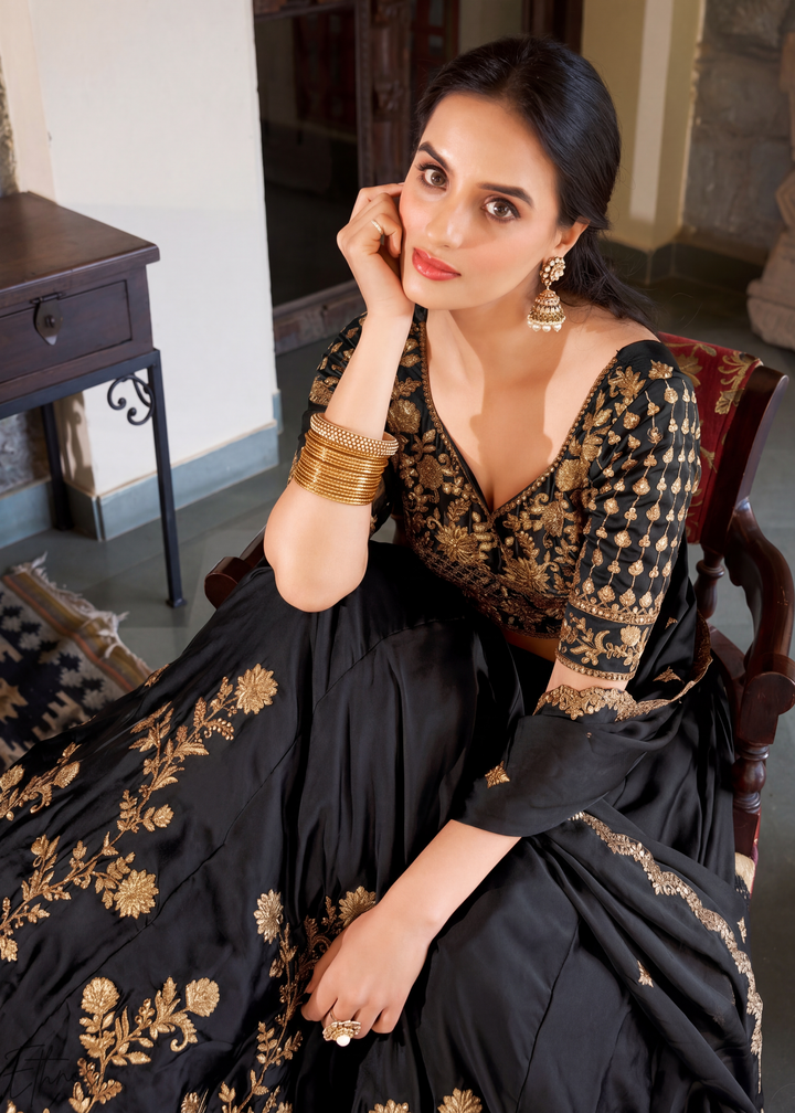 Black Floret Zari Rangoli Silk Lehenga