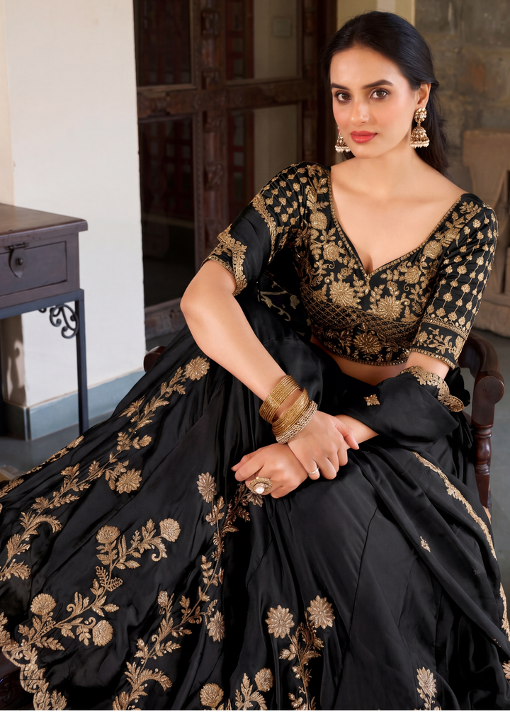 Black Floret Zari Rangoli Silk Lehenga