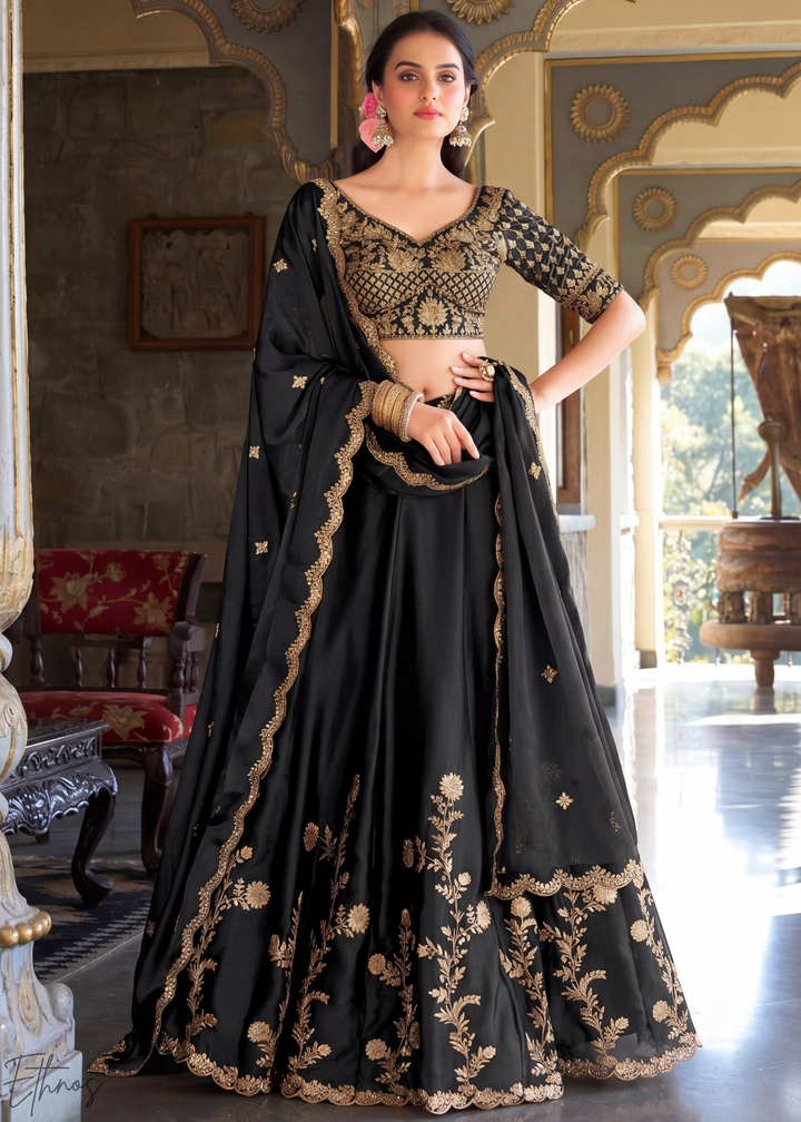 Black Floret Zari Rangoli Silk Lehenga