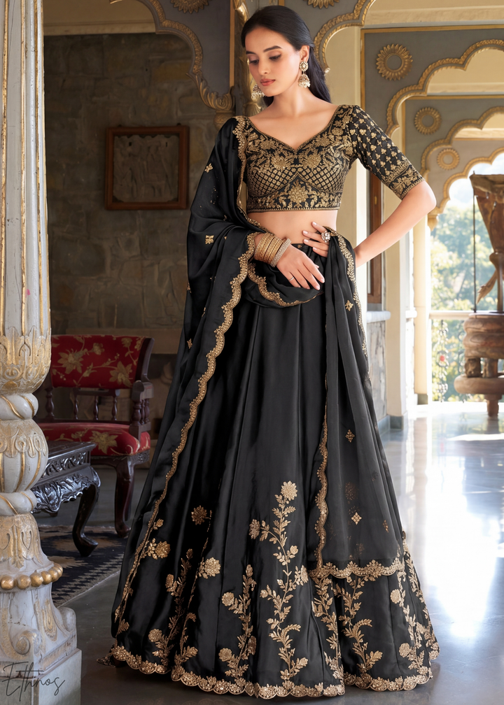 Black Floret Zari Rangoli Silk Lehenga
