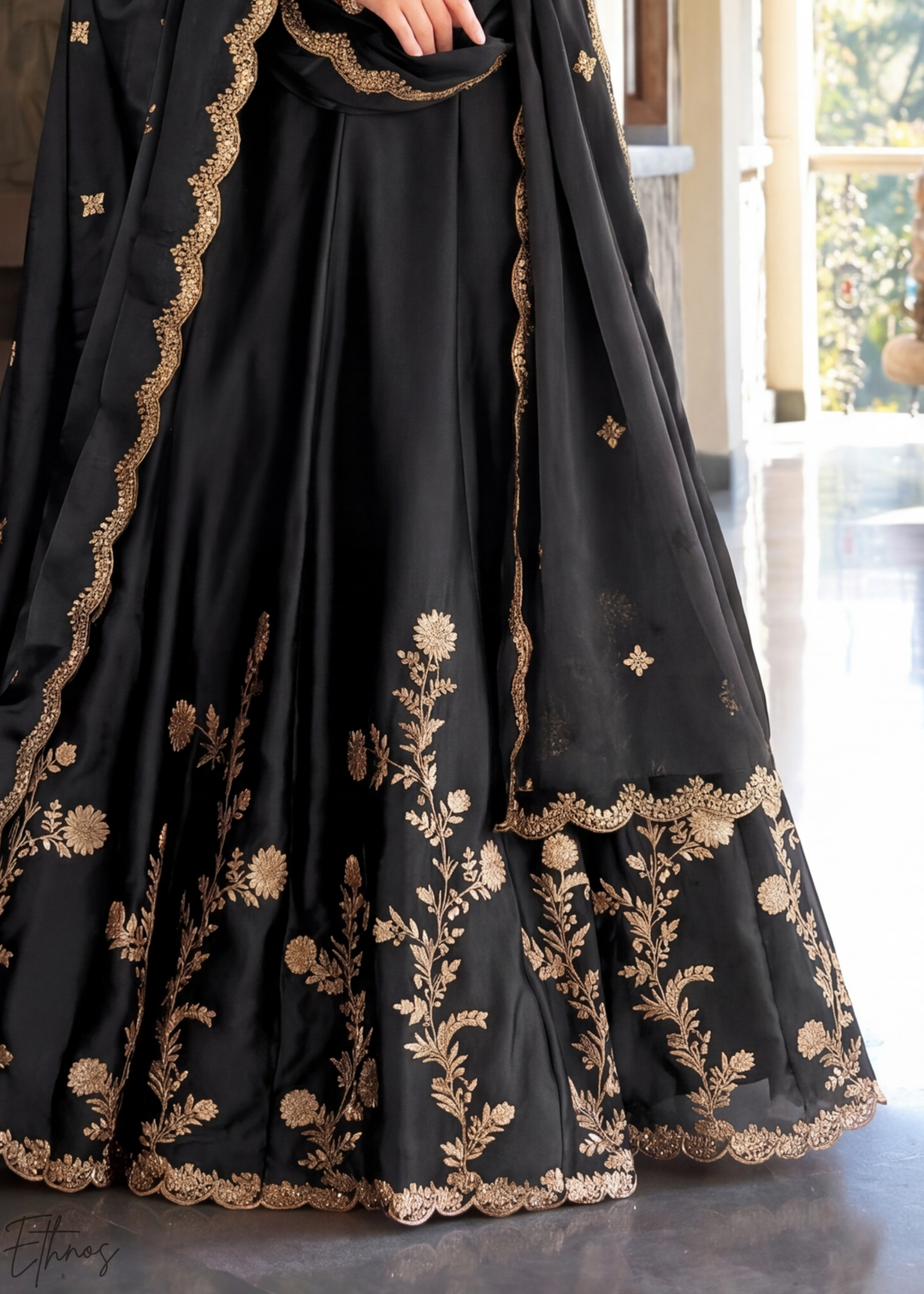 Black Floret Zari Rangoli Silk Lehenga