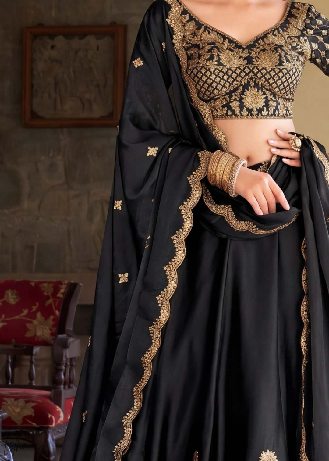 Black Floret Zari Rangoli Silk Lehenga