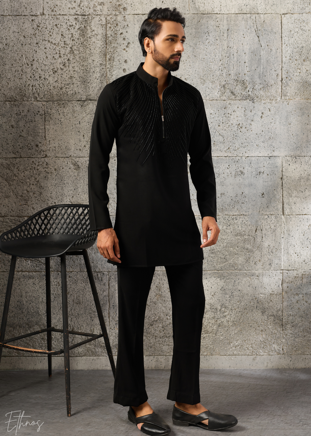 Black Geometric-Beaded Silk Kurta Pajama Set