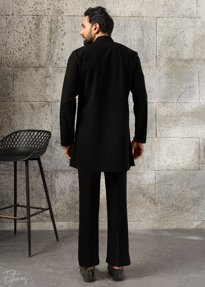 Black Geometric-Beaded Silk Kurta Pajama Set