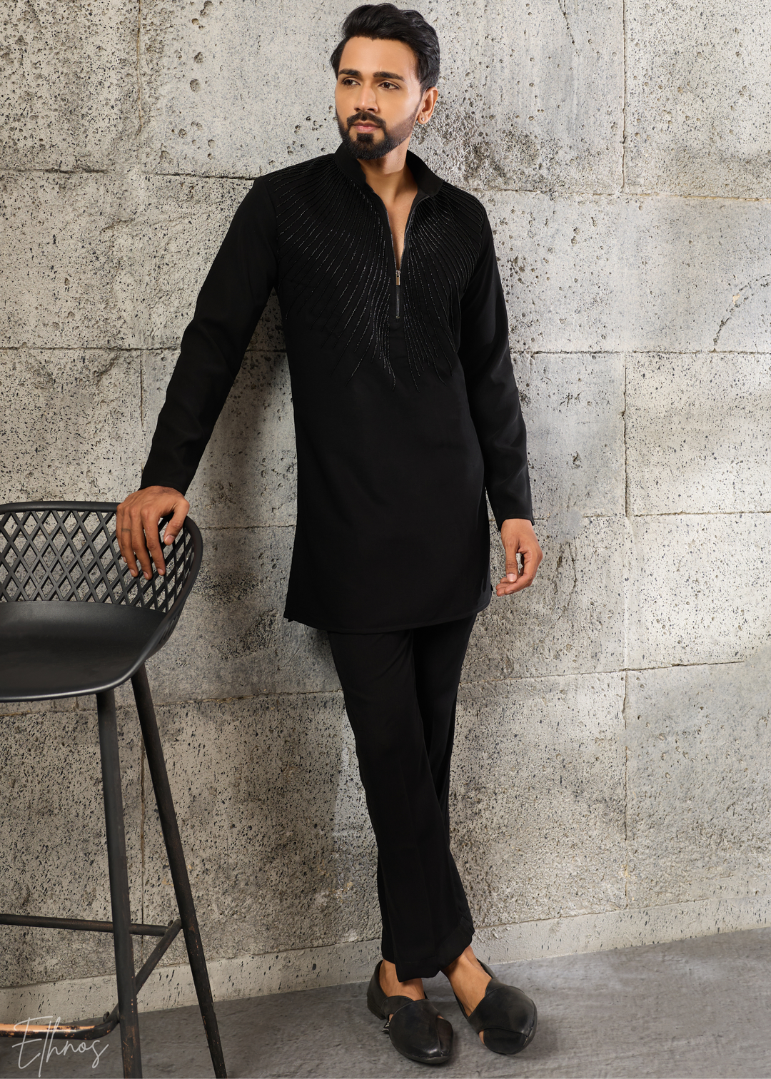 Black Geometric-Beaded Silk Kurta Pajama Set