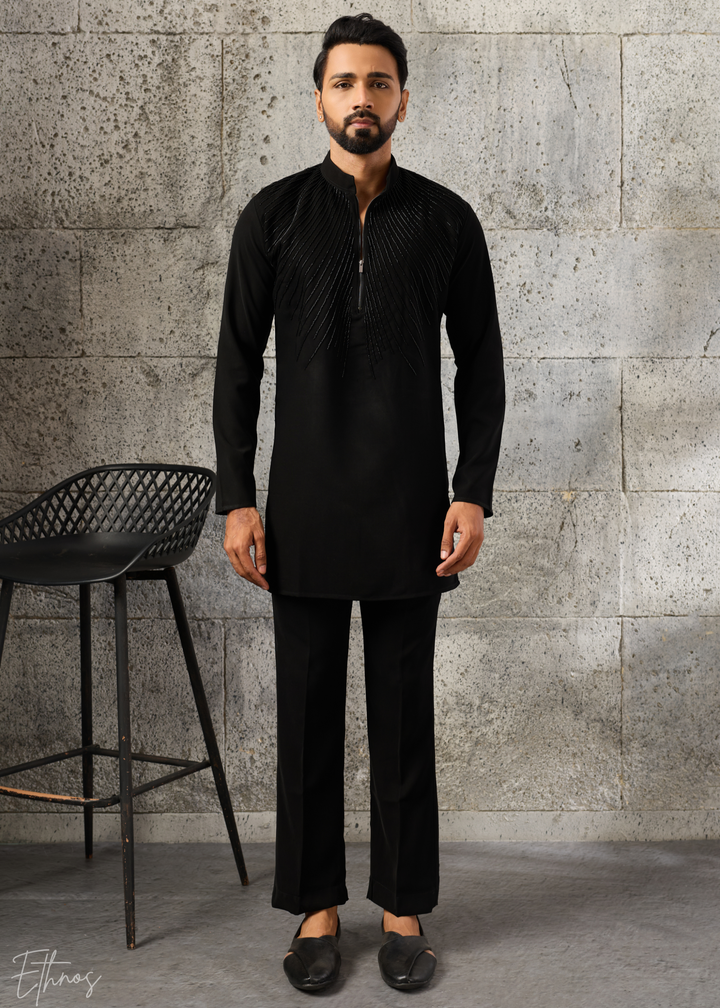 Black Geometric-Beaded Silk Kurta Pajama Set
