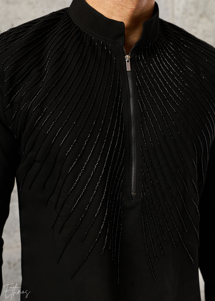 Black Geometric-Beaded Silk Kurta Pajama Set