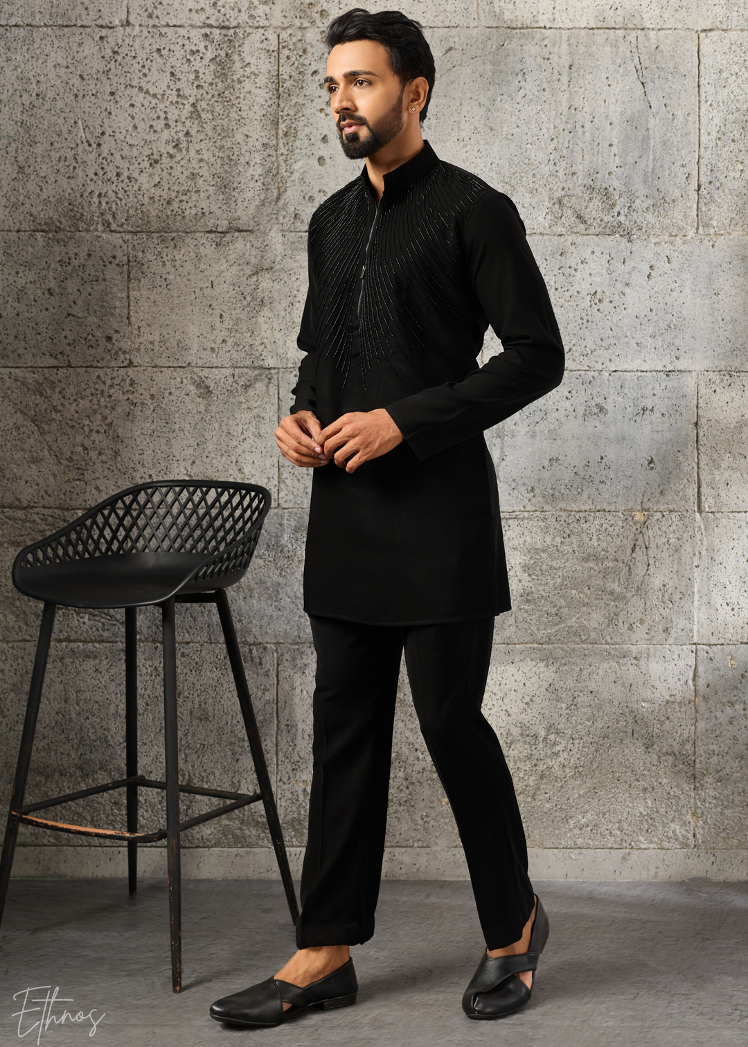 Black Geometric-Beaded Silk Kurta Pajama Set