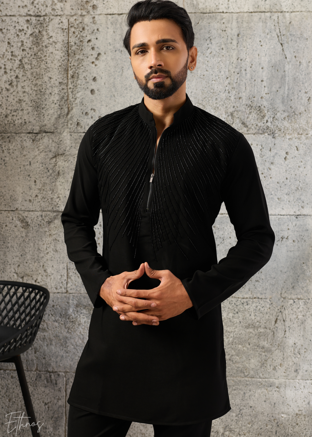 Black Geometric-Beaded Silk Kurta Pajama Set