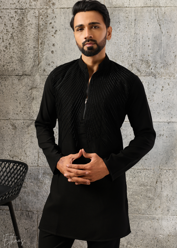 Black Geometric-Beaded Silk Kurta Pajama Set
