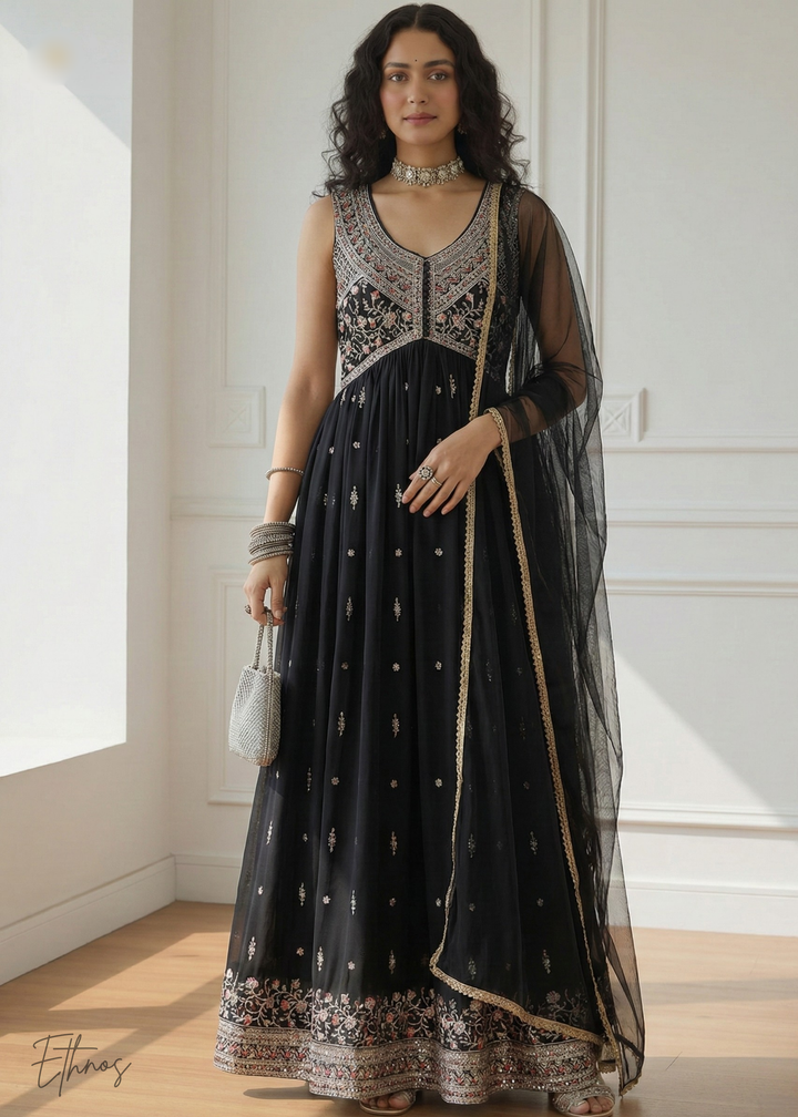 Black Georgette Anarkali Palazzo Suit