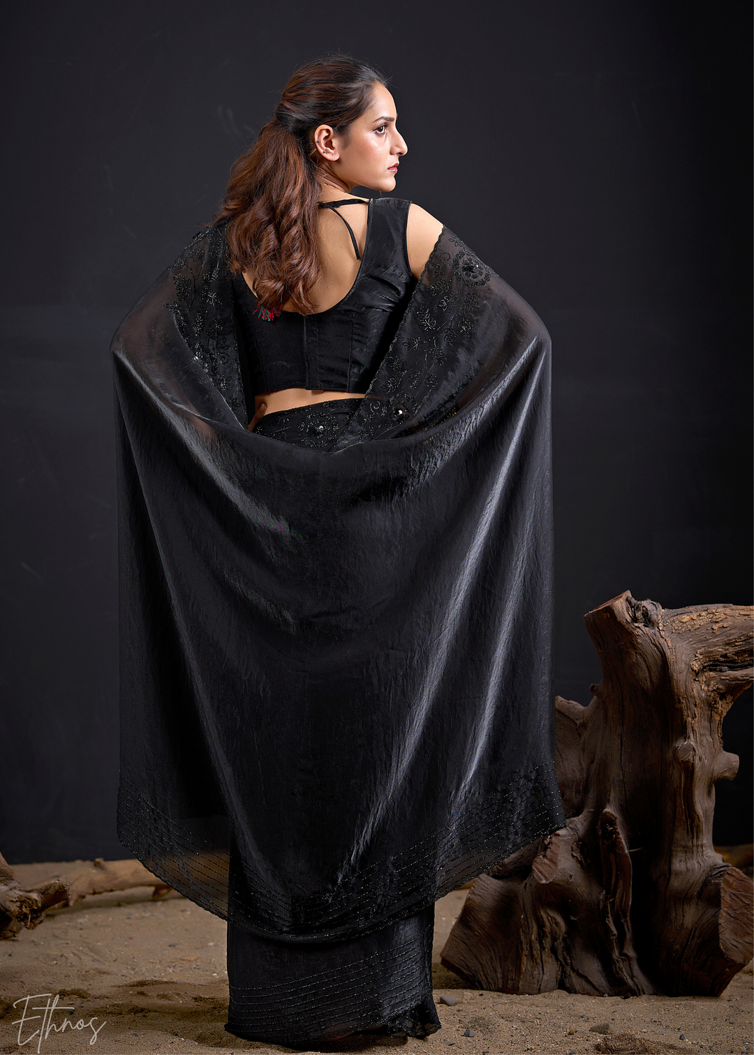 Black Linear-Flora Silk Saree