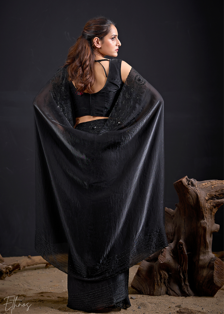 Black Linear-Flora Silk Saree