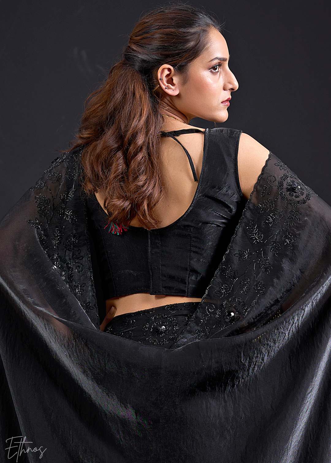 Black Linear-Flora Silk Saree