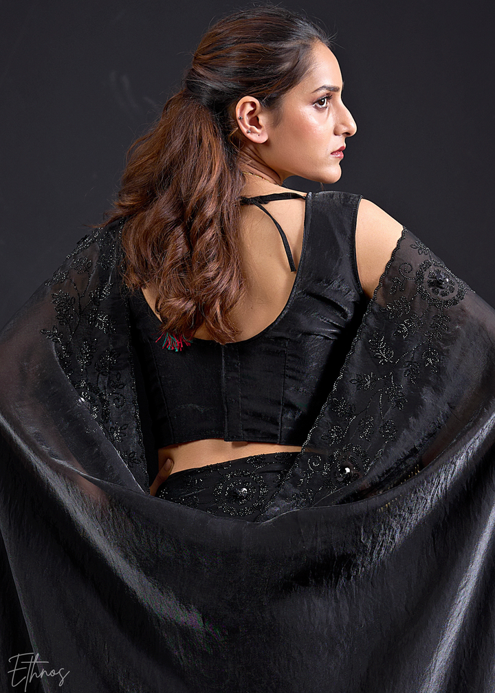 Black Linear-Flora Silk Saree