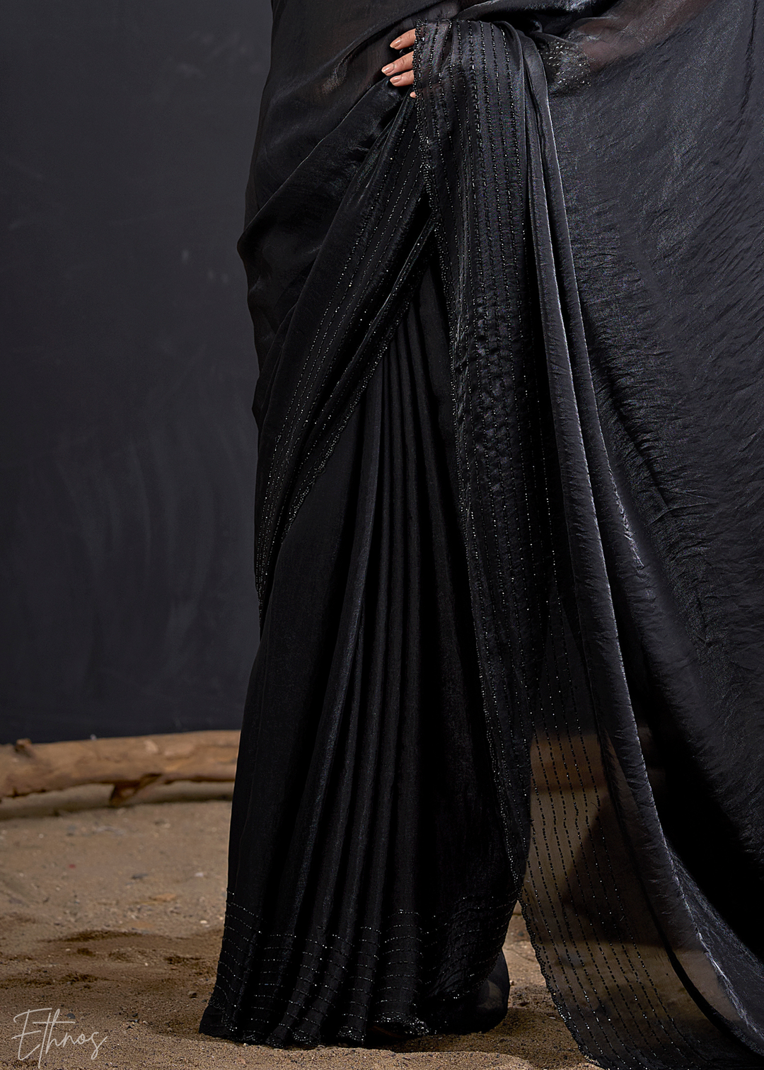 Black Linear-Flora Silk Saree