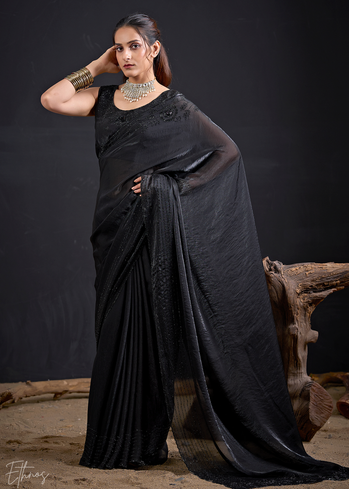 Black Linear-Flora Silk Saree