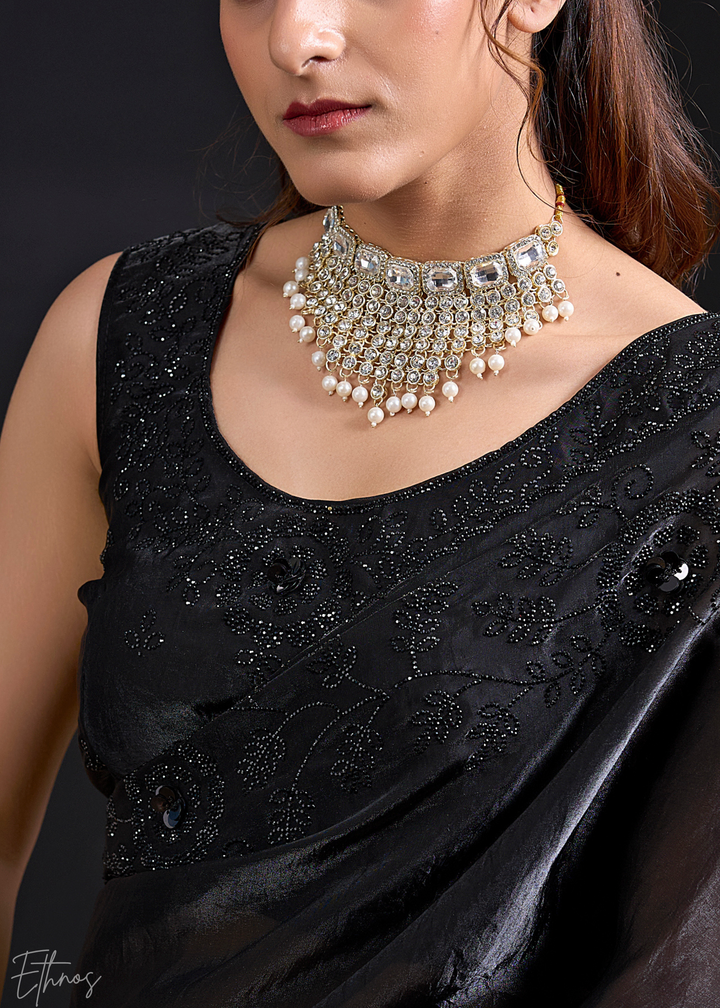 Black Linear-Flora Silk Saree