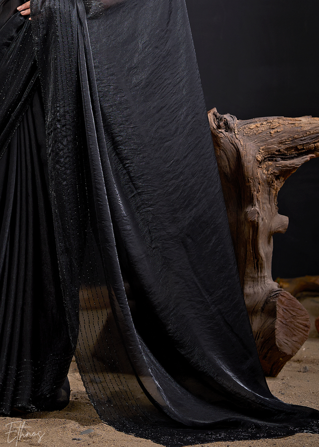 Black Linear-Flora Silk Saree