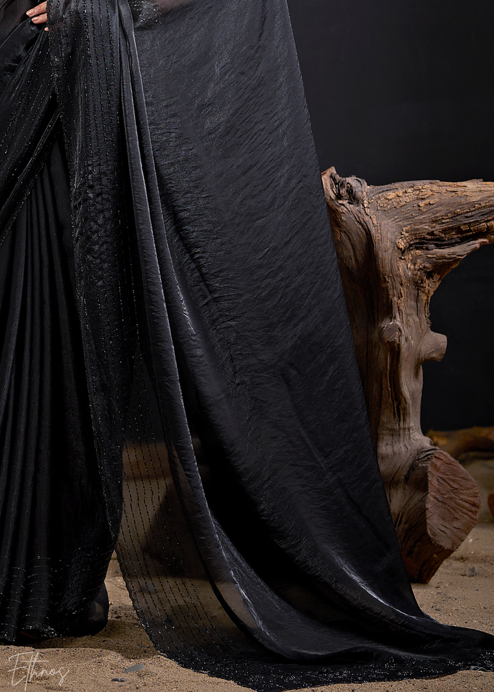 Black Linear-Flora Silk Saree