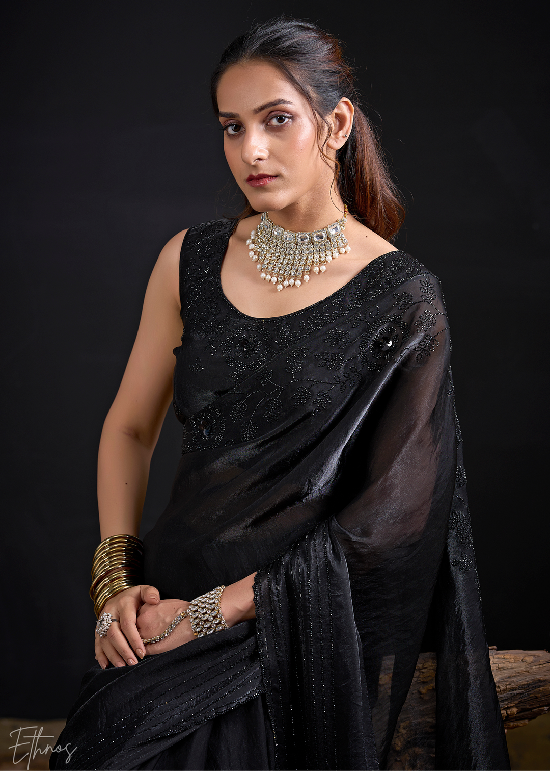 Black Linear-Flora Silk Saree