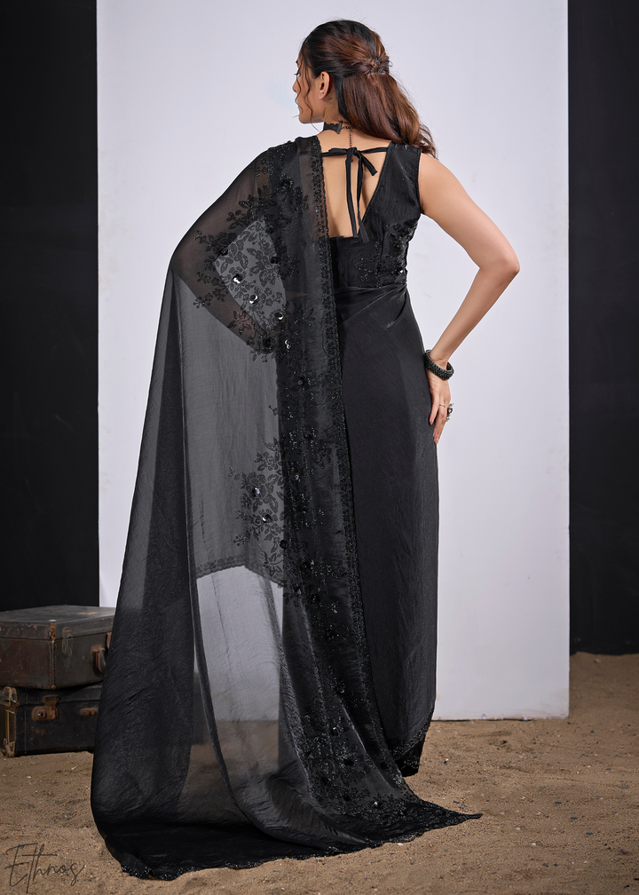 Black Obsidian Floral Swarovski Fendy Satin Silk Saree