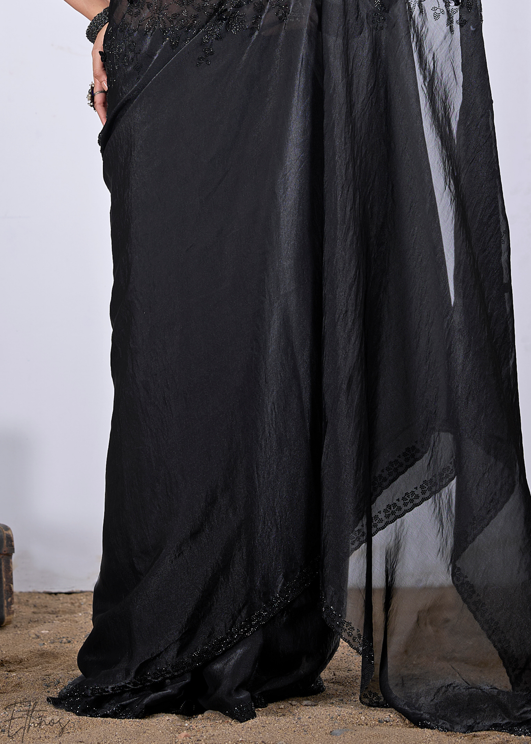 Black Obsidian Floral Swarovski Fendy Satin Silk Saree
