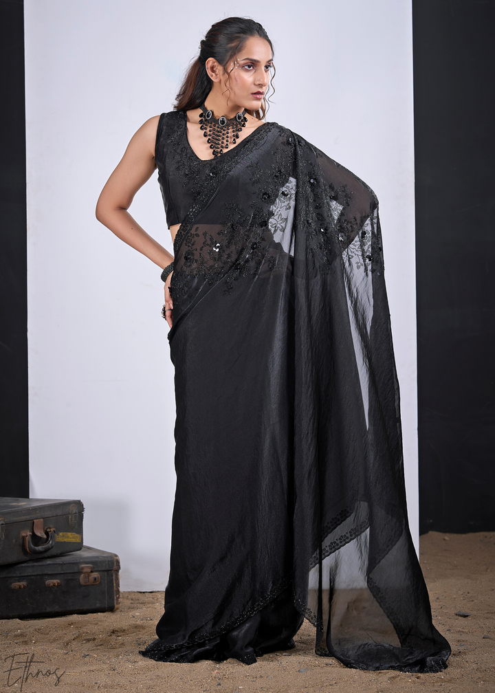 Black Obsidian Floral Swarovski Fendy Satin Silk Saree