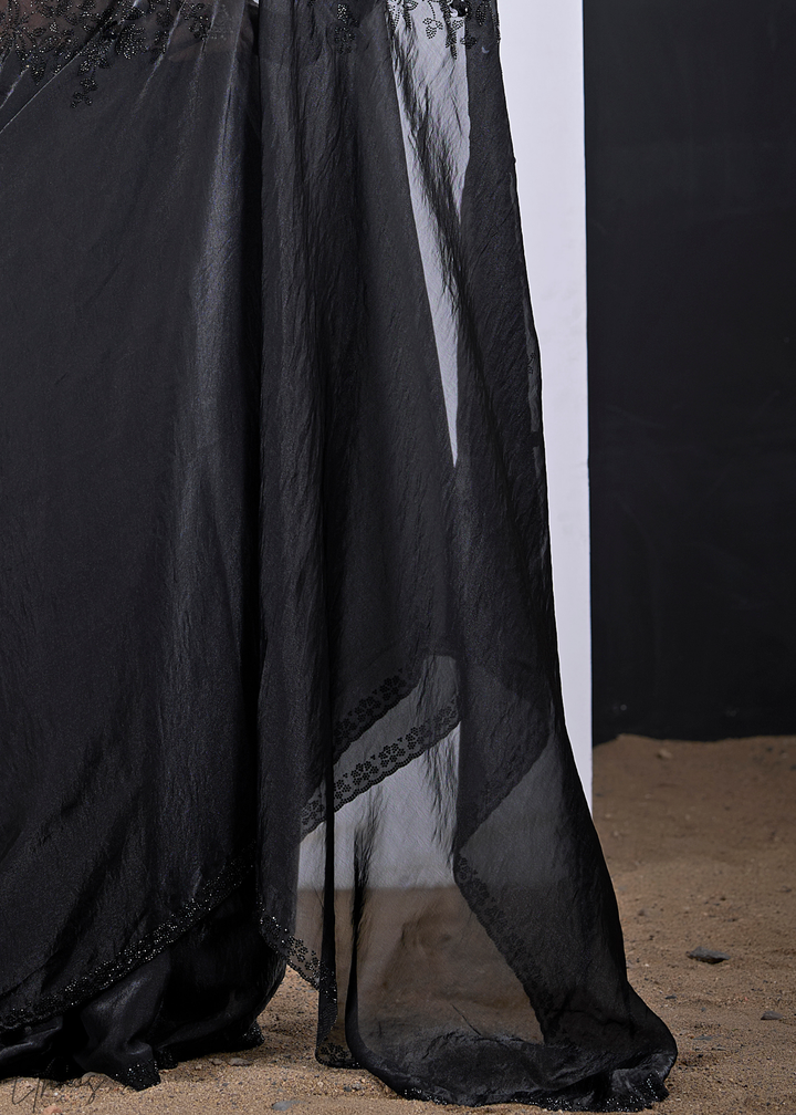 Black Obsidian Floral Swarovski Fendy Satin Silk Saree