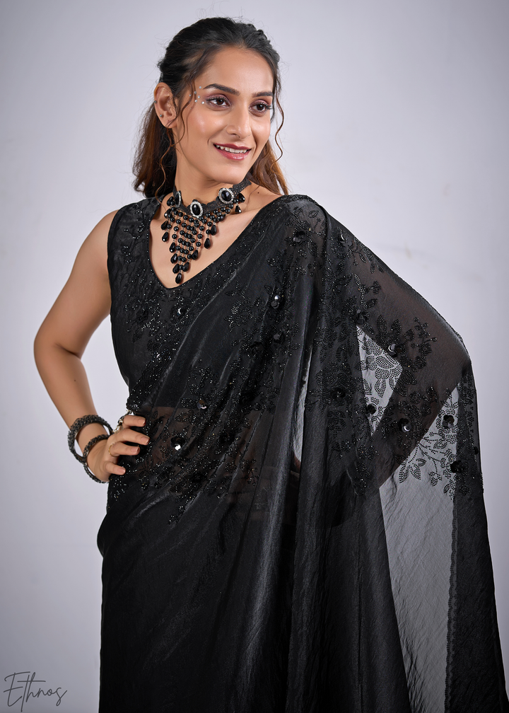 Black Obsidian Floral Swarovski Fendy Satin Silk Saree