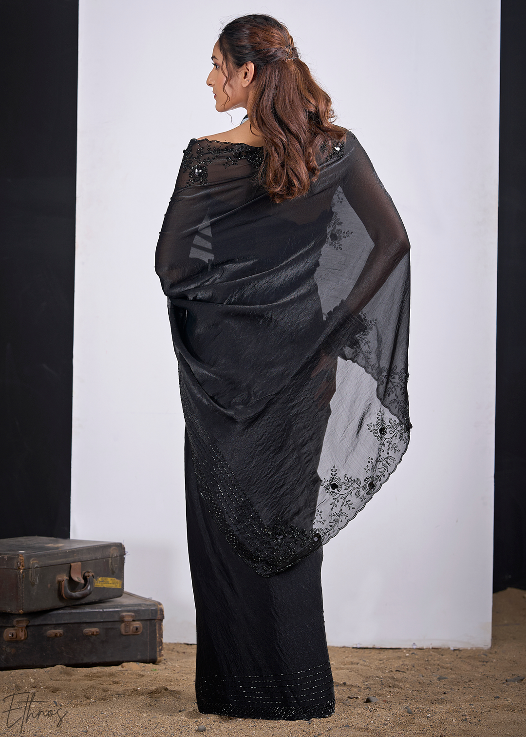 Black Onyx Cutdana Fendy Satin Silk Saree