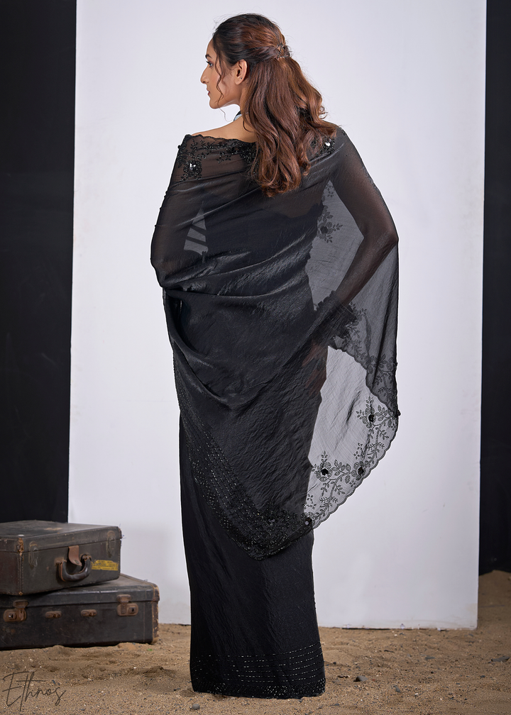 Black Onyx Cutdana Fendy Satin Silk Saree