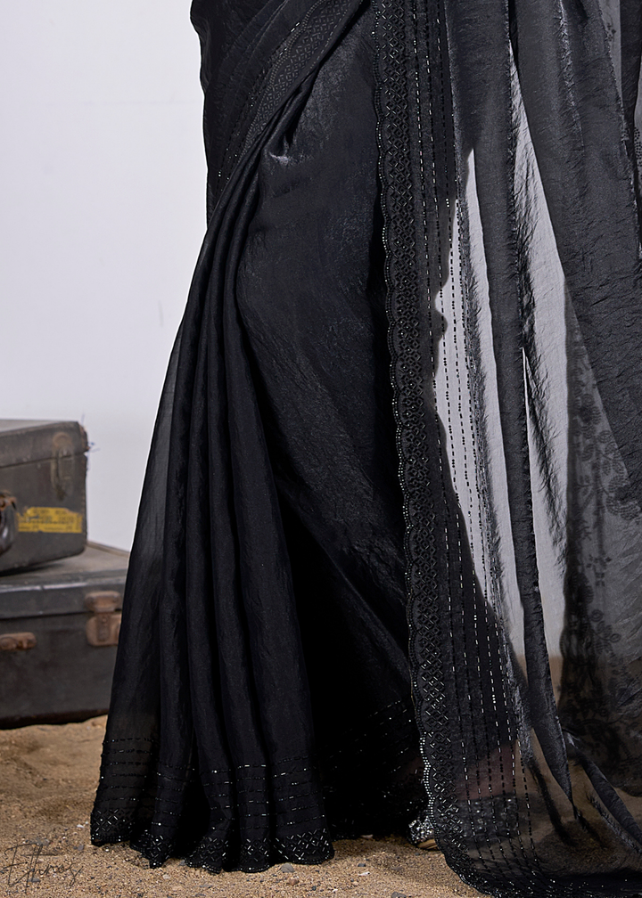 Black Onyx Cutdana Fendy Satin Silk Saree