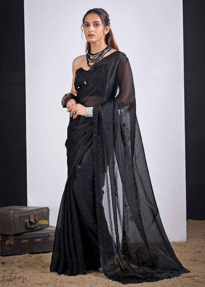 Black Onyx Cutdana Fendy Satin Silk Saree
