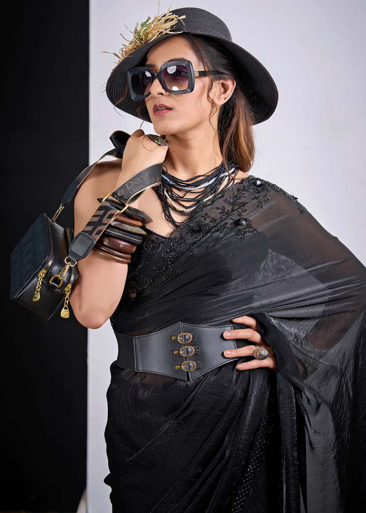 Black Onyx Cutdana Fendy Satin Silk Saree