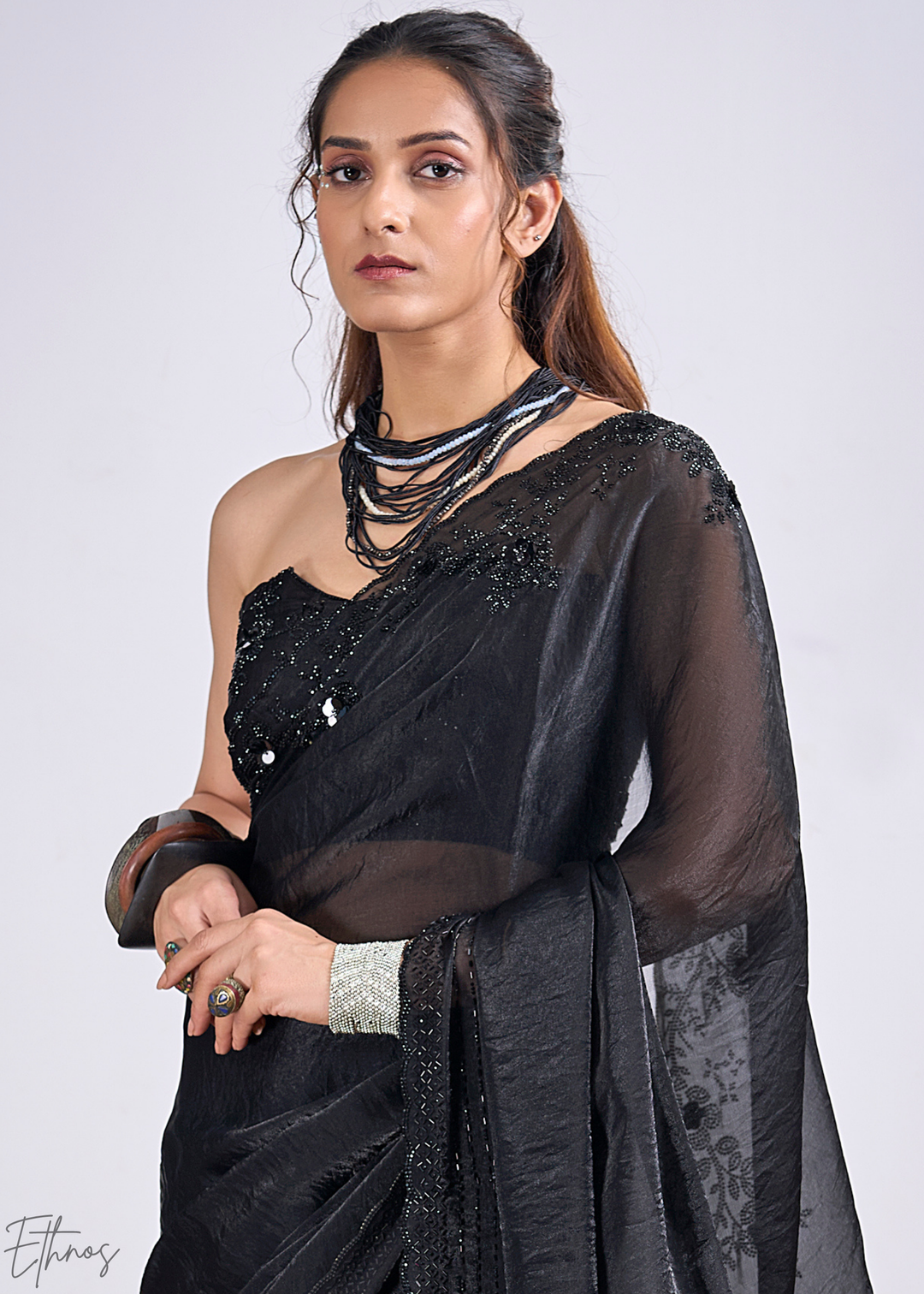 Black Onyx Cutdana Fendy Satin Silk Saree