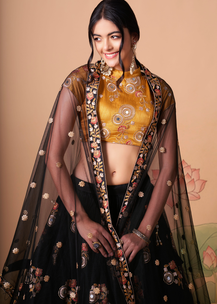 Black Opulent Floral Mirror Net Lehenga