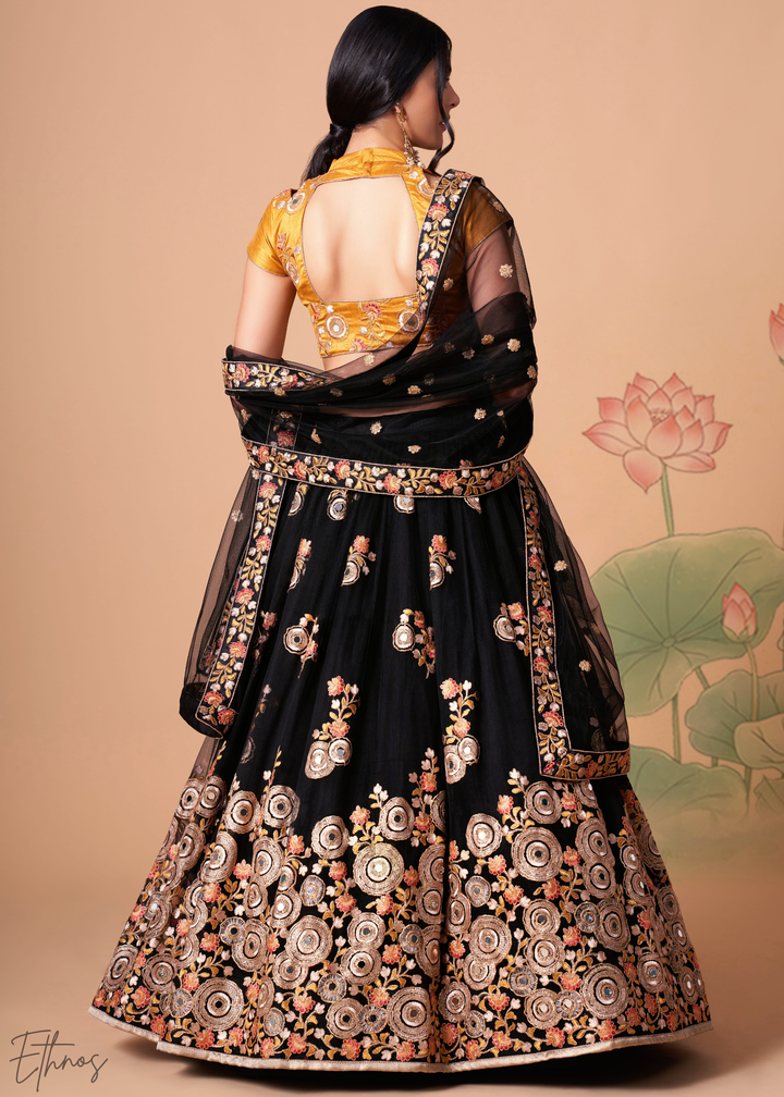 Black Opulent Floral Mirror Net Lehenga