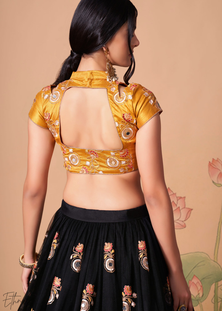 Black Opulent Floral Mirror Net Lehenga