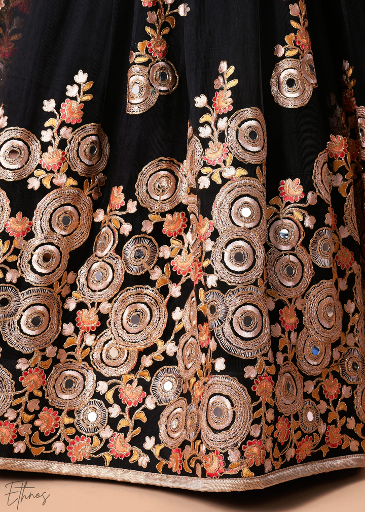 Black Opulent Floral Mirror Net Lehenga