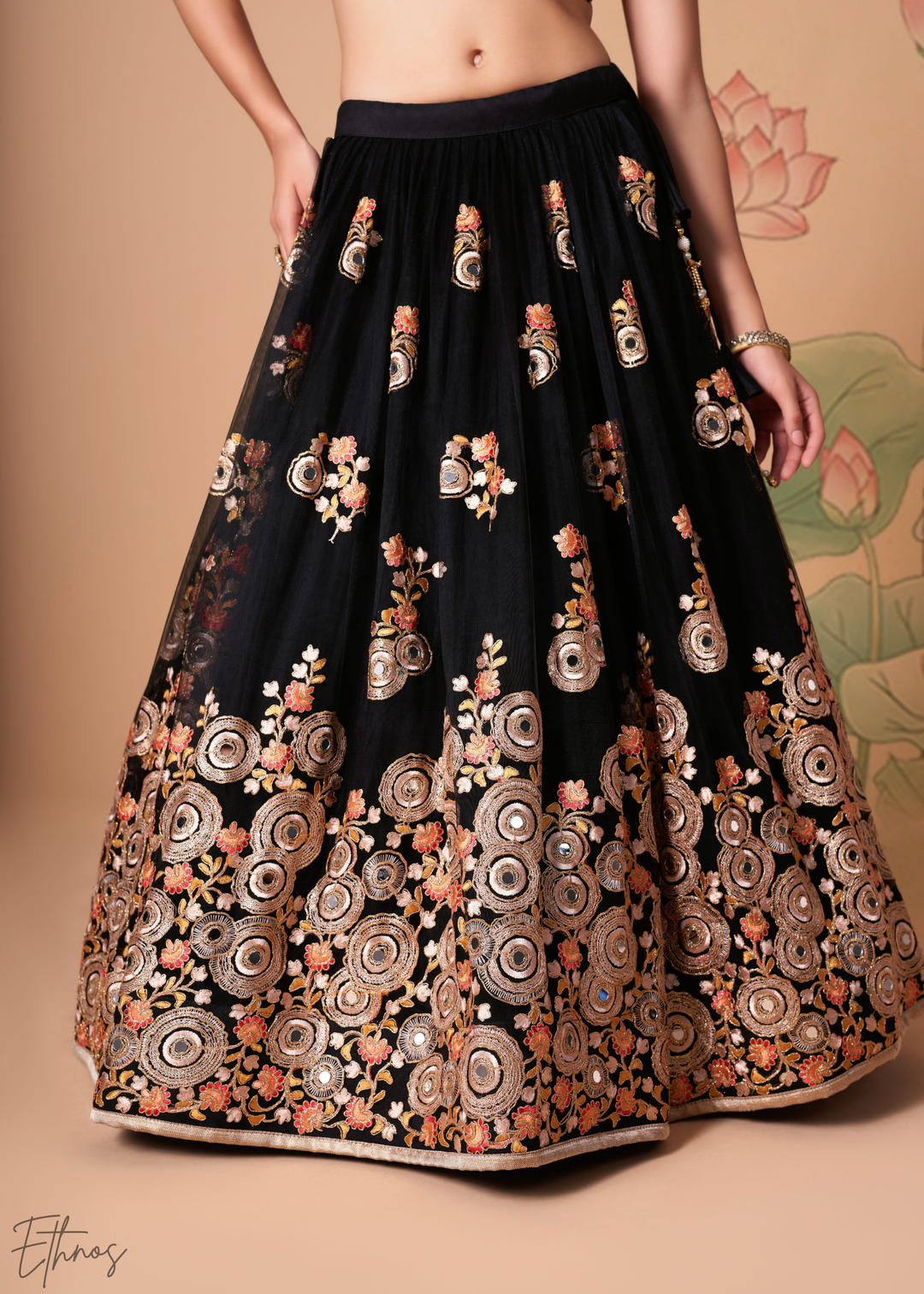 Black Opulent Floral Mirror Net Lehenga