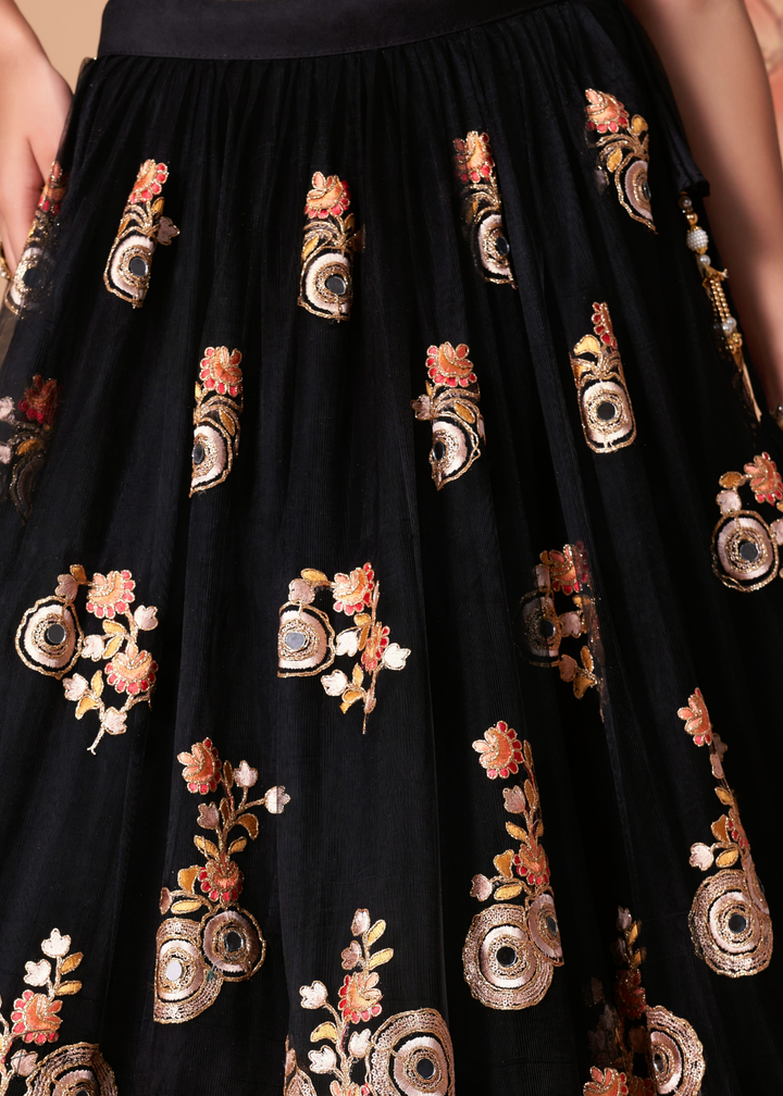 Black Opulent Floral Mirror Net Lehenga