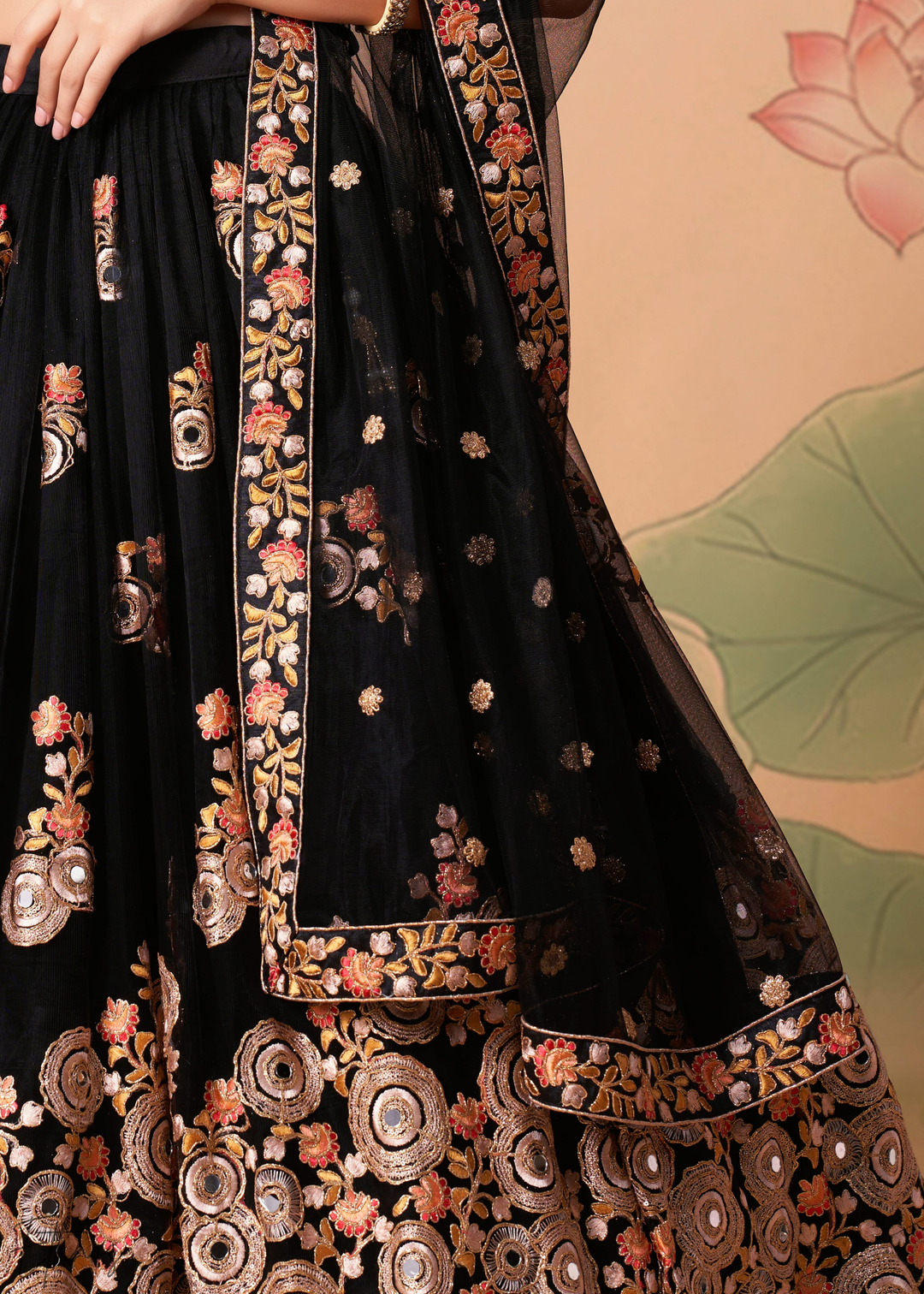 Black Opulent Floral Mirror Net Lehenga