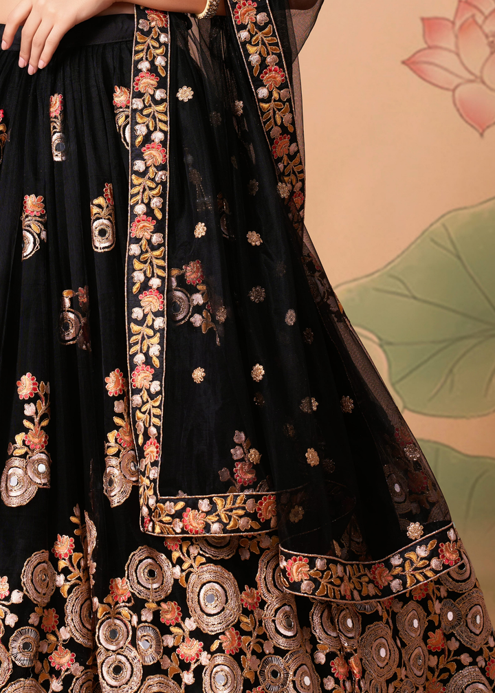 Black Opulent Floral Mirror Net Lehenga