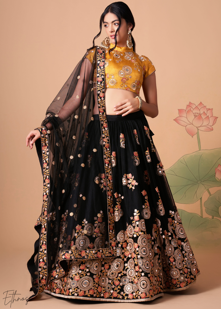 Black Opulent Floral Mirror Net Lehenga